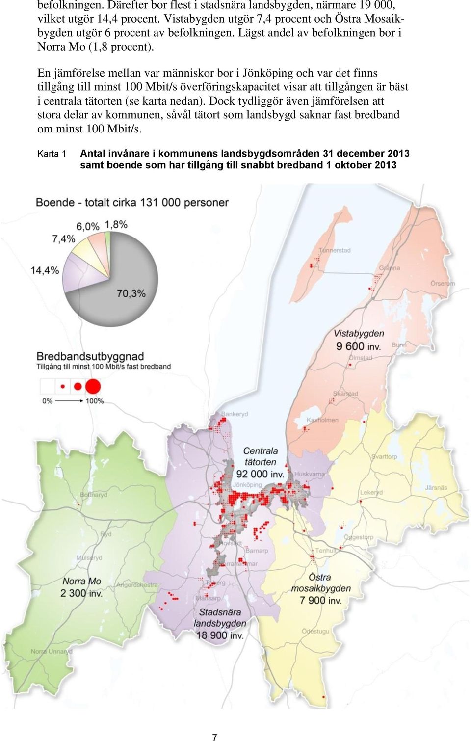 En jämförelse mellan var människor bor i Jönköping och var det finns tillgång till minst 100 Mbit/s överföringskapacitet visar att tillgången är bäst i centrala tätorten (se
