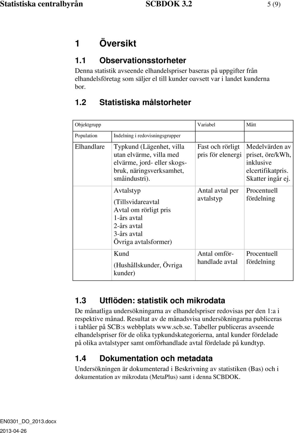 2 Statistiska målstorheter Objektgrupp Variabel Mått Population Indelning i redovisningsgrupper Elhandlare Typkund (Lägenhet, villa utan elvärme, villa med elvärme, jord- eller skogsbruk,