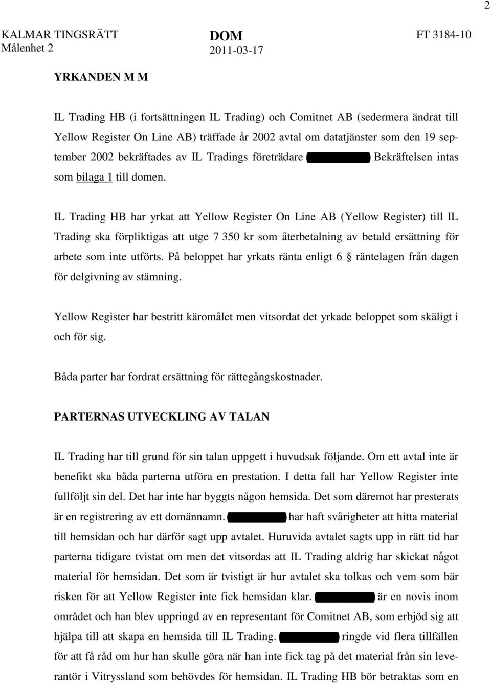 IL Trading HB har yrkat att Yellow Register On Line AB (Yellow Register) till IL Trading ska förpliktigas att utge 7 350 kr som återbetalning av betald ersättning för arbete som inte utförts.