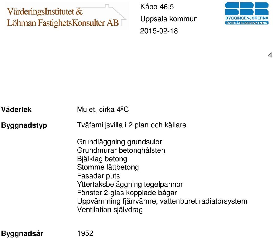 lättbetong Fasader puts Yttertaksbeläggning tegelpannor Fönster 2-glas kopplade