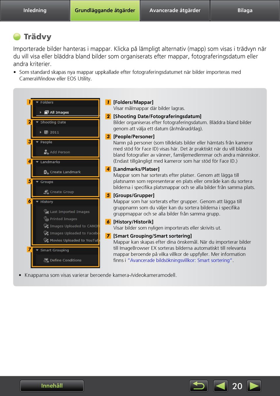 Som standard skapas nya mappar uppkallade efter fotograferingsdatumet när bilder importeras med CameraWindow eller EOS Utility. 2 3 4 5 6 7 [Folders/Mappar] Visar målmappar där bilder lagras.