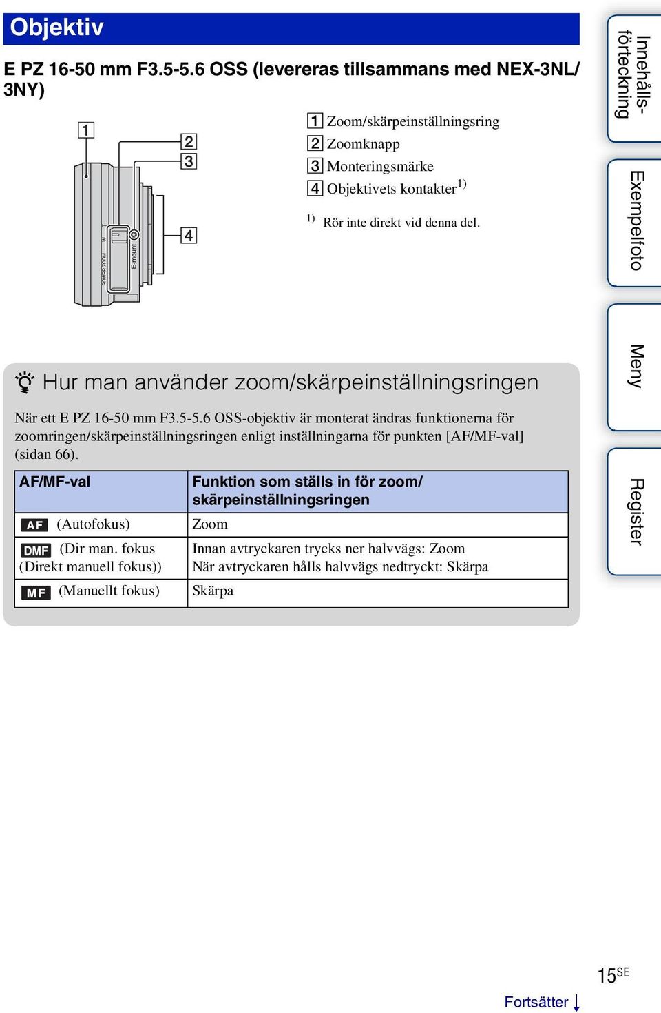 z Hur man använder zoom/skärpeinställningsringen När ett E PZ 16-50 mm F3.5-5.