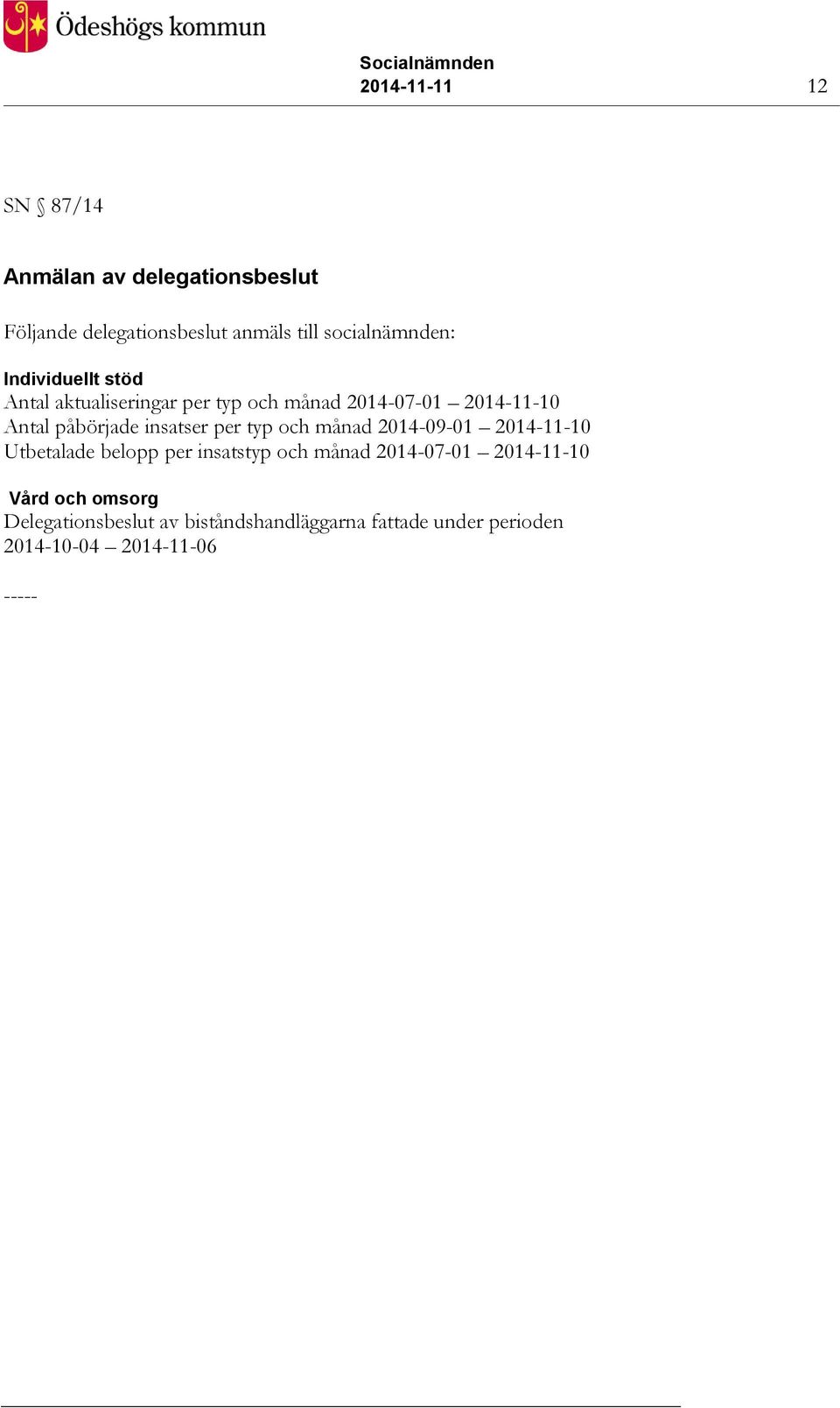påbörjade insatser per typ och månad 2014-09-01 2014-11-10 Utbetalade belopp per insatstyp och månad