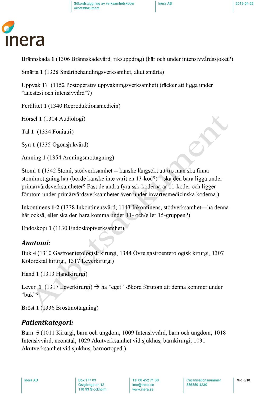 ) Fertilitet 1 (1340 Reproduktionsmedicin) Hörsel 1 (1304 Audiologi) Tal 1 (1334 Foniatri) Syn 1 (1335 Ögonsjukvård) Amning 1 (1354 Amningsmottagning) Stomi 1 (1342 Stomi, stödverksamhet -- kanske