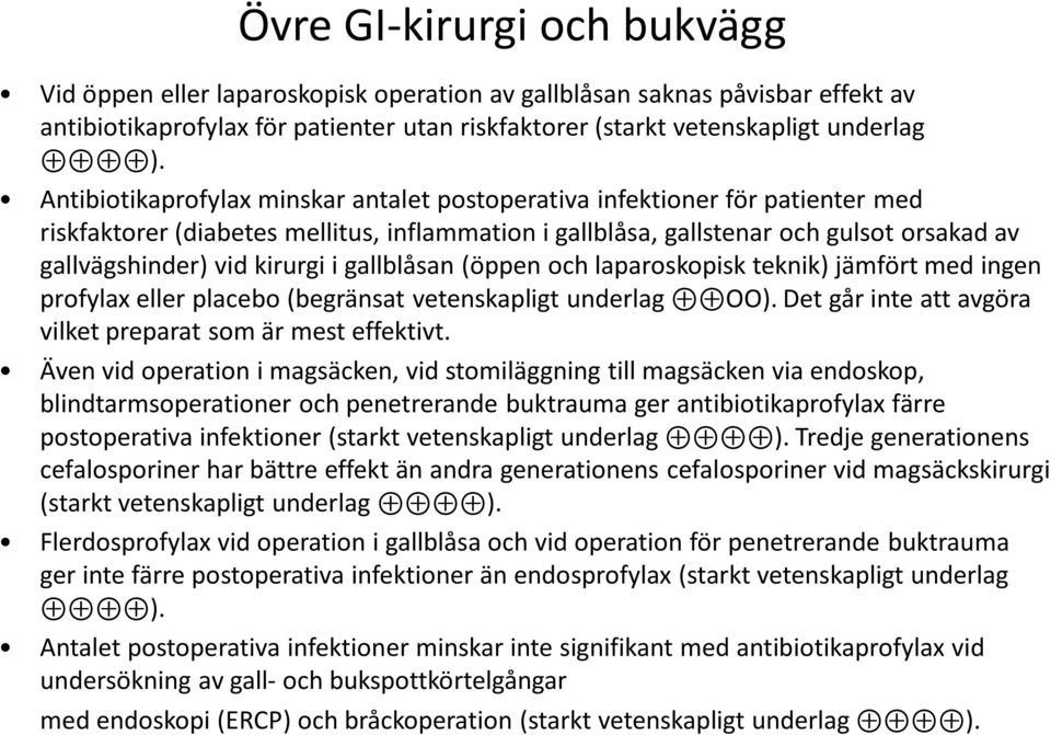 i gallblåsan (öppen och laparoskopisk teknik) jämfört med ingen profylax eller placebo (begränsat vetenskapligt underlag ΟΟ). Det går inte att avgöra vilket preparat som är mest effektivt.