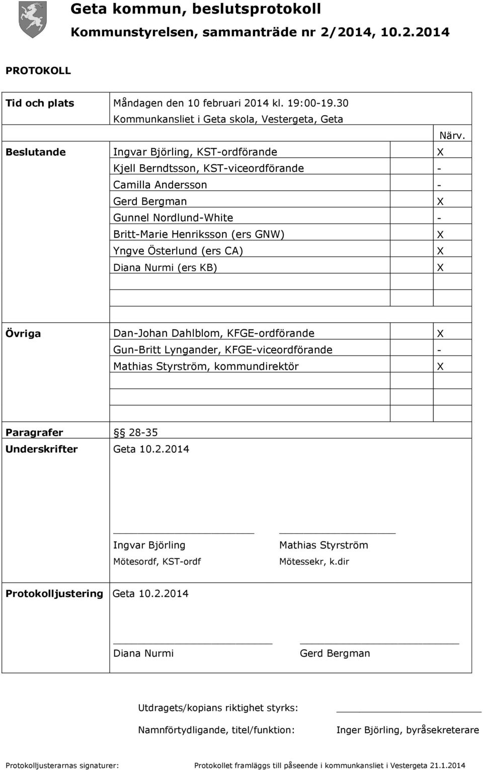 Diana Nurmi (ers KB) Övriga Dan-Johan Dahlblom, KFGE-ordförande Gun-Britt Lyngander, KFGE-viceordförande - Mathias Styrström, kommundirektör Paragrafer 28