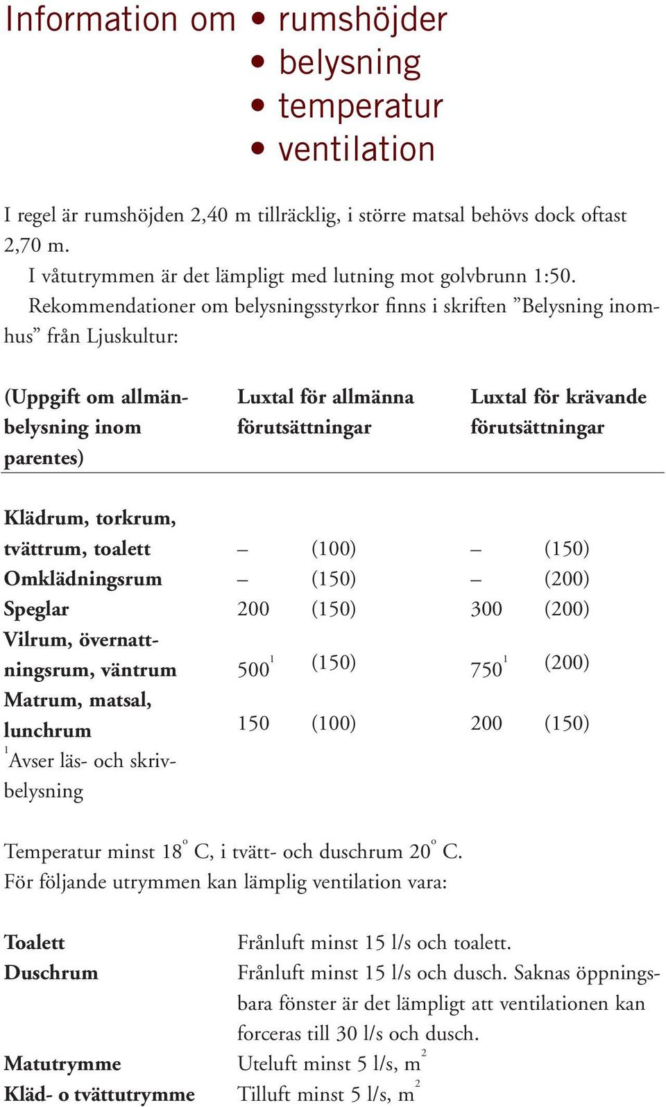 Rekommendationer om belysningsstyrkor finns i skriften Belysning inomhus från Ljuskultur: (Uppgift om allmänbelysning inom parentes) Luxtal för allmänna förutsättningar Luxtal för krävande