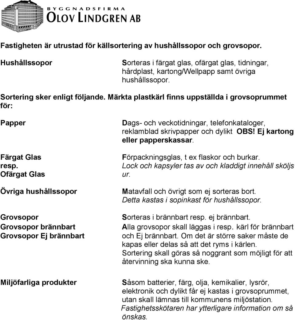 Ofärgat Glas Övriga hushållssopor Grovsopor Grovsopor brännbart Grovsopor Ej brännbart Miljöfarliga produkter Dags- och veckotidningar, telefonkataloger, reklamblad skrivpapper och dylikt OBS!