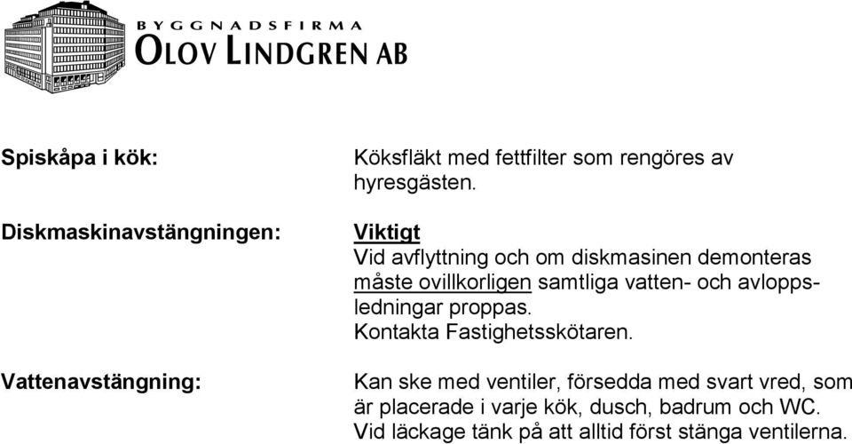 Viktigt Vid avflyttning och om diskmasinen demonteras måste ovillkorligen samtliga vatten- och
