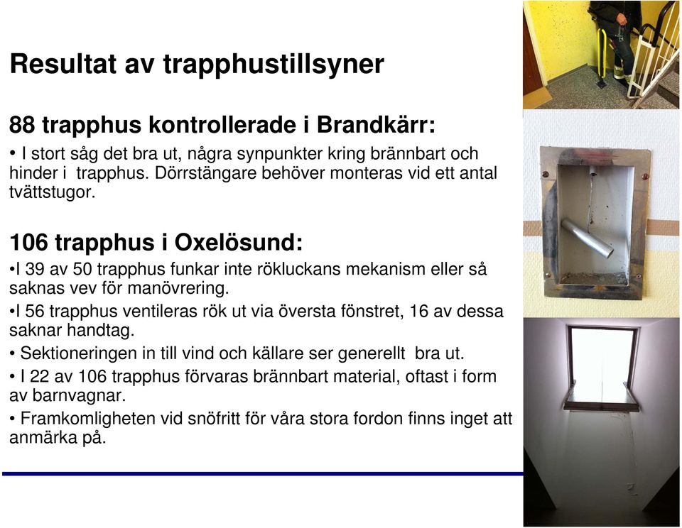 106 trapphus i Oxelösund: I 39 av 50 trapphus funkar inte rökluckans mekanism eller så saknas vev för manövrering.