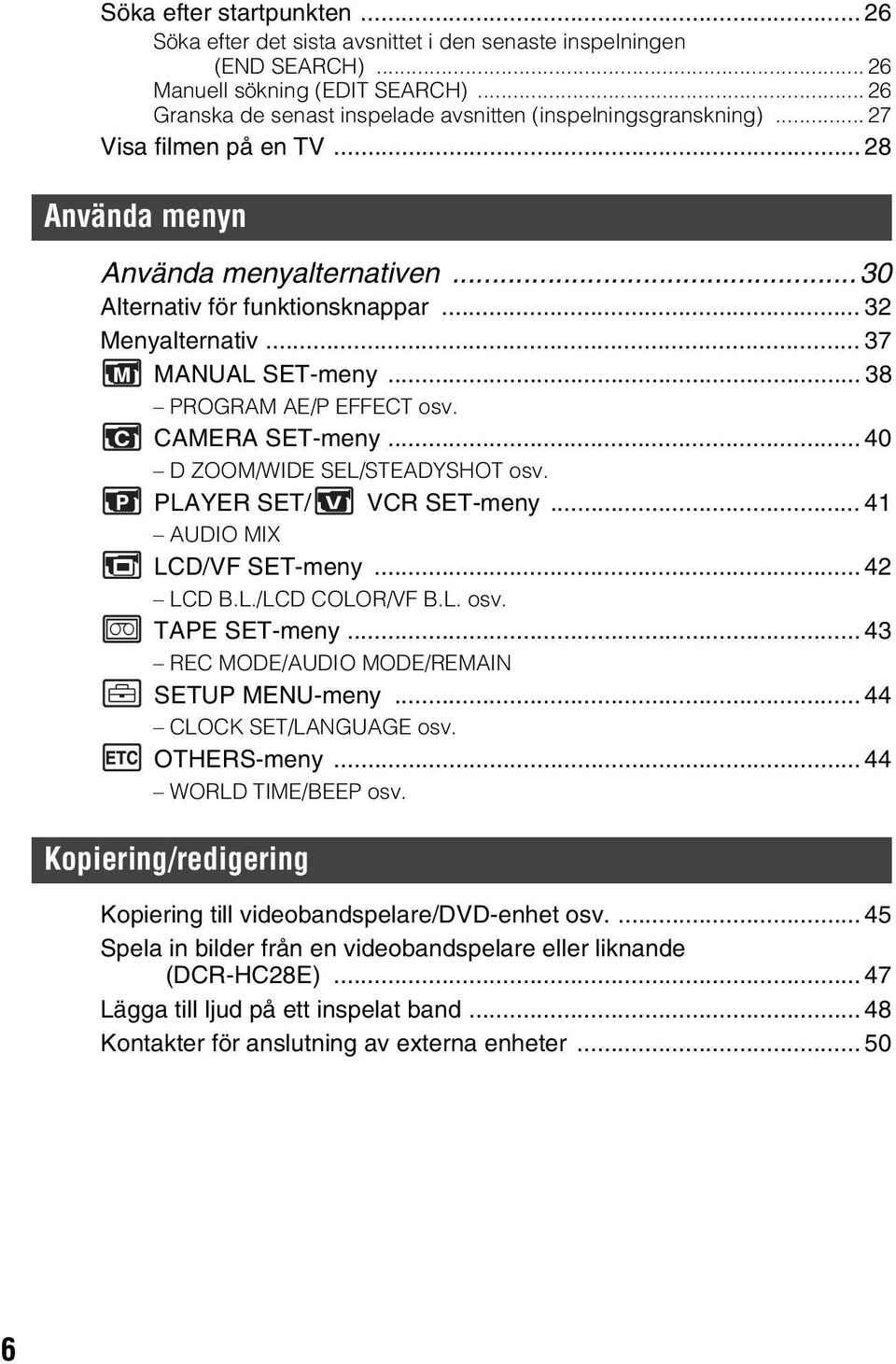 .. 37 MANUAL SET-meny... 38 PROGRAM AE/P EFFECT osv. CAMERA SET-meny... 40 D ZOOM/WIDE SEL/STEADYSHOT osv. PLAYER SET/ VCR SET-meny... 41 AUDIO MIX LCD/VF SET-meny... 42 LCD B.L./LCD COLOR/VF B.L. osv. TAPE SET-meny.