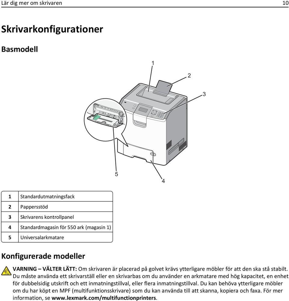 Du måste använda ett skrivarställ eller en skrivarbas om du använder en arkmatare med hög kapacitet, en enhet för dubbelsidig utskrift och ett inmatningstillval, eller flera