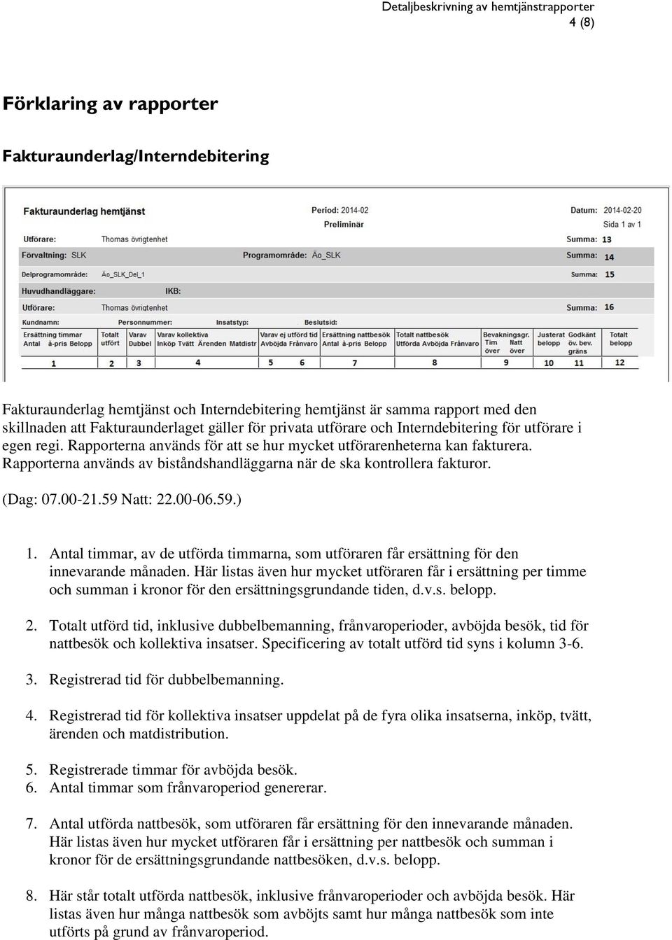 Rapporterna används av biståndshandläggarna när de ska kontrollera fakturor. (Dag: 07.00-21.59 Natt: 22.00-06.59.) 1.