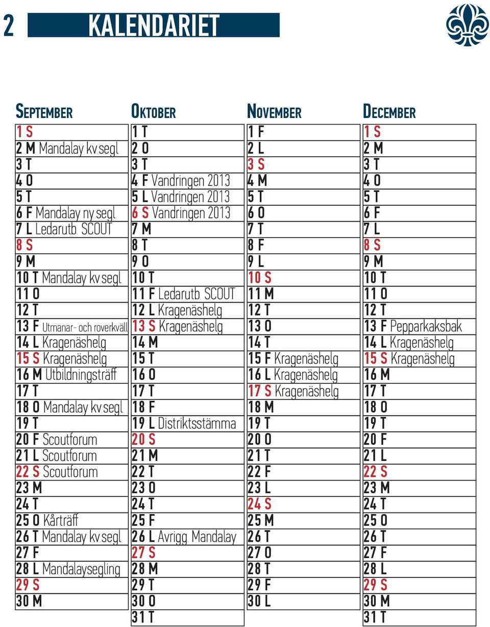 SCOUT 12 T 12 L Kragenäshelg 13 F Utmanar- och roverkväll 13 S Kragenäshelg 14 L Kragenäshelg 14 M 15 S Kragenäshelg 15 T 16 M Utbildningsträff 16 O 17 T 17 T 18 O Mandalay kv.segl.