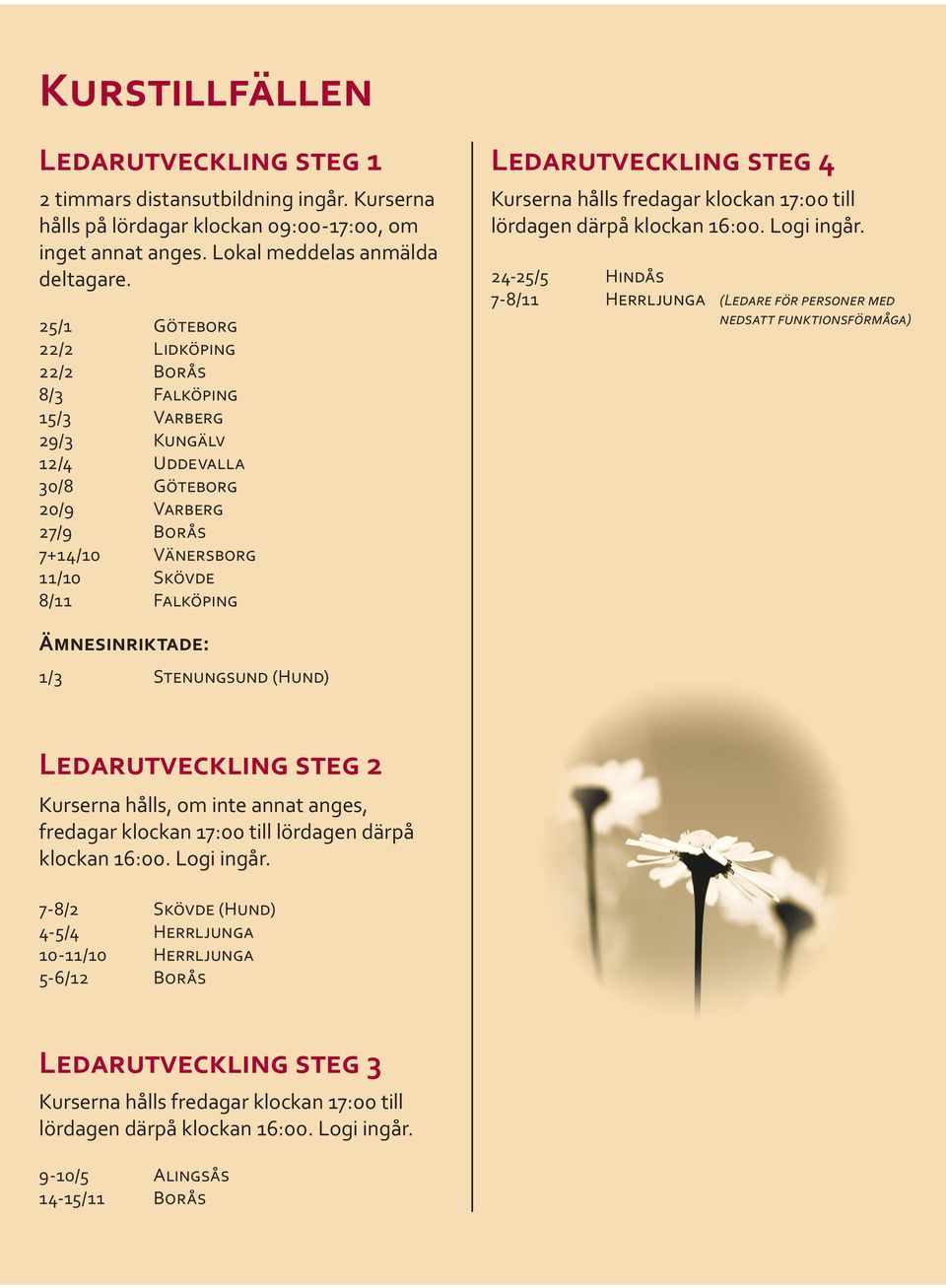 steg 4 Kurserna hålls fredagar klockan 17:00 till lördagen därpå klockan 16:00. Logi ingår.