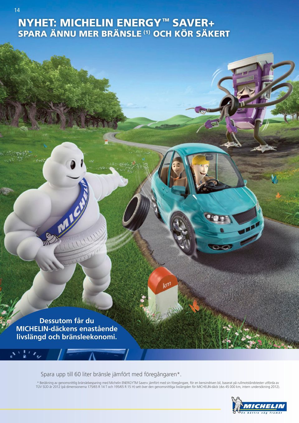 * Beräkning av genomsnittlig bränslebesparing med Michelin ENERGYTM Saver+ jämfört med sin föregångare, för en bensindriven bil, baserat
