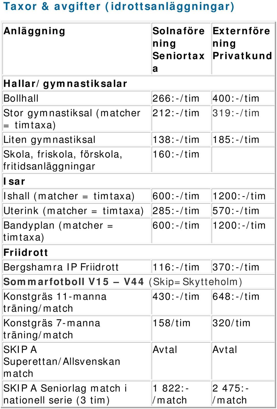 (matcher = timtaxa) 285:-/tim 570:-/tim Bandyplan (matcher = 600:-/tim 1200:-/tim timtaxa) Friidrott Bergshamra IP Friidrott 116:-/tim 370:-/tim Sommarfotboll V15 V44 (Skip=Skytteholm)