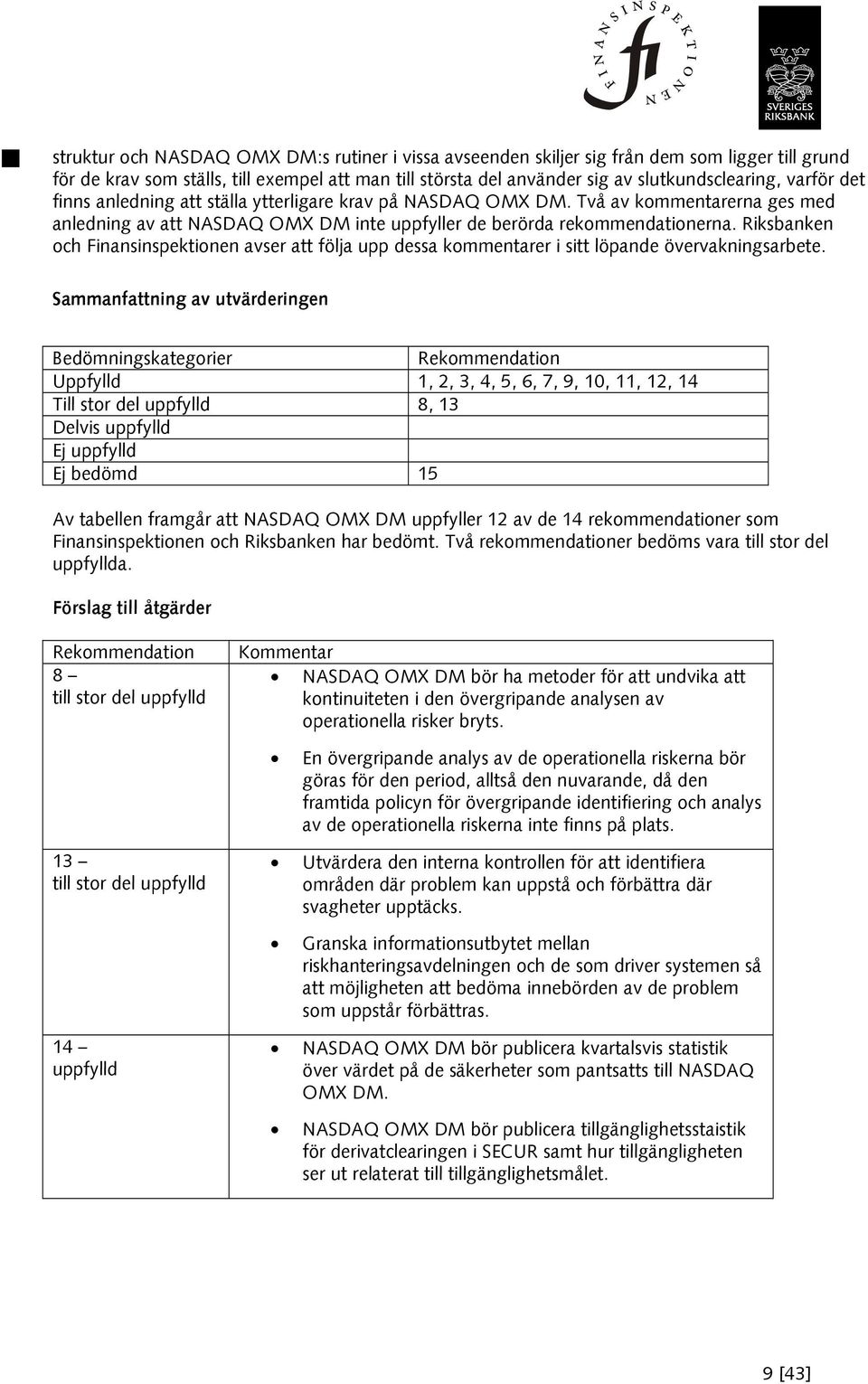 Riksbanken och Finansinspektionen avser att följa upp dessa kommentarer i sitt löpande övervakningsarbete.