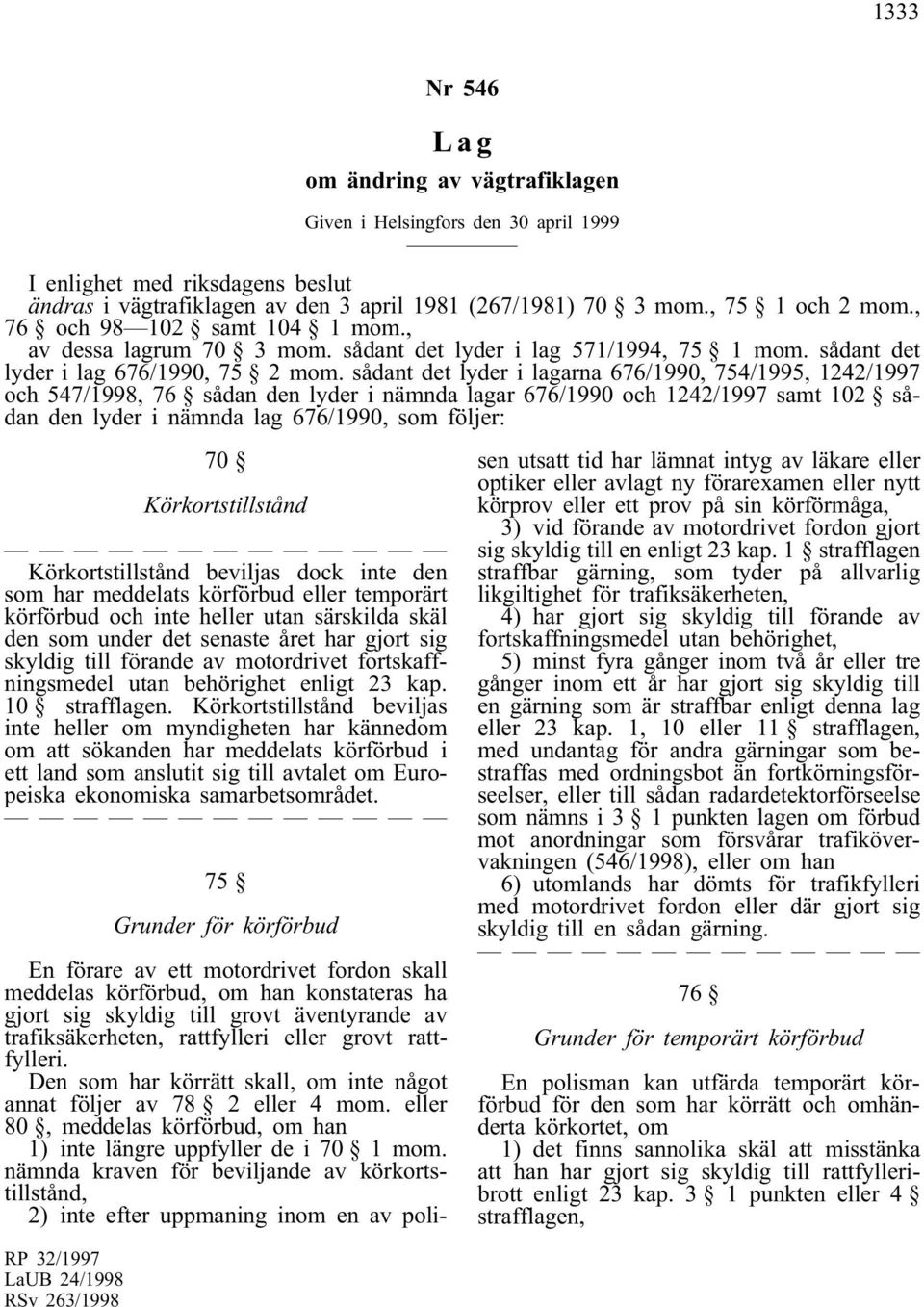 sådant det lyder i lagarna 676/1990, 754/1995, 1242/1997 och 547/1998, 76 sådan den lyder i nämnda lagar 676/1990 och 1242/1997 samt 102 sådan den lyder i nämnda lag 676/1990, som följer: 70