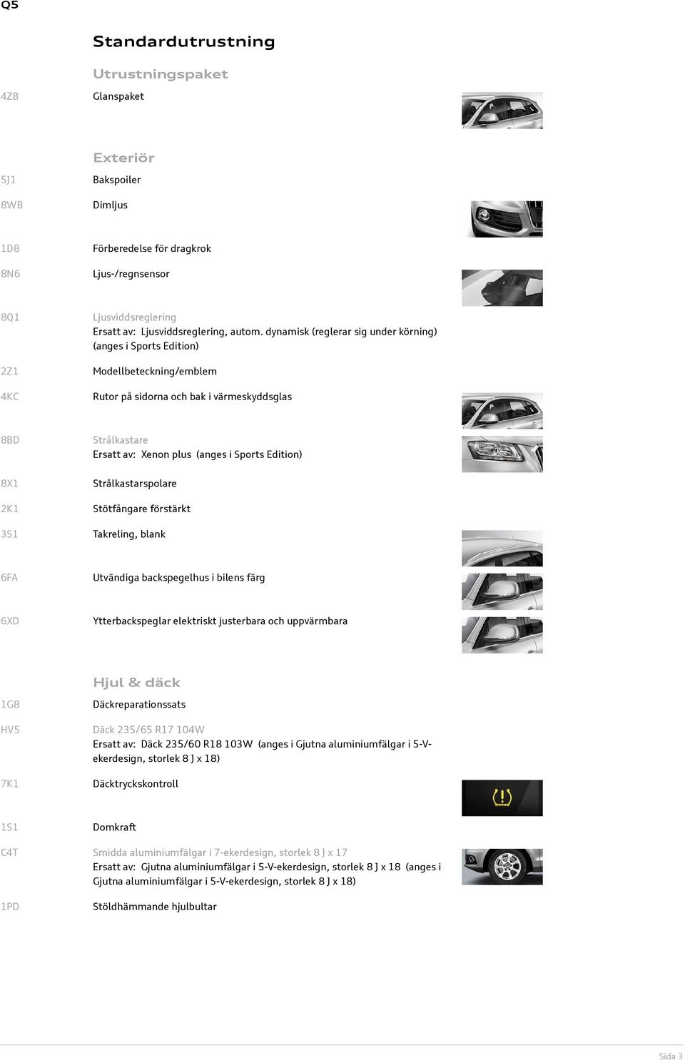 dynamisk (reglerar sig under körning) (anges i Sports Edition) Modellbeteckning/emblem Rutor på sidorna och bak i värmeskyddsglas 8BD Strålkastare Ersatt av: Xenon plus (anges i Sports Edition) 8X1