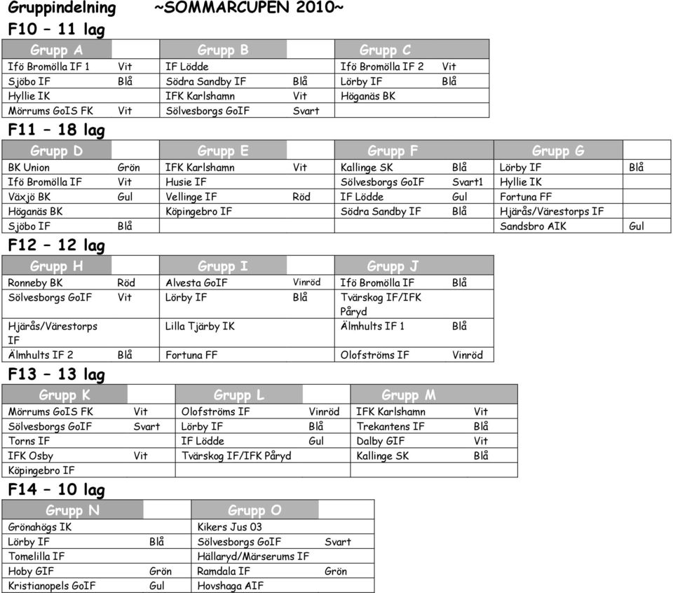 GoIF Svart1 Hyllie IK Växjö BK Gul Vellinge IF Röd IF Lödde Gul Fortuna FF Höganäs BK Köpingebro IF Södra Sandby IF Blå Hjärås/Värestorps IF Sjöbo IF Blå Sandsbro AIK Gul F12 12 lag Grupp H Grupp I