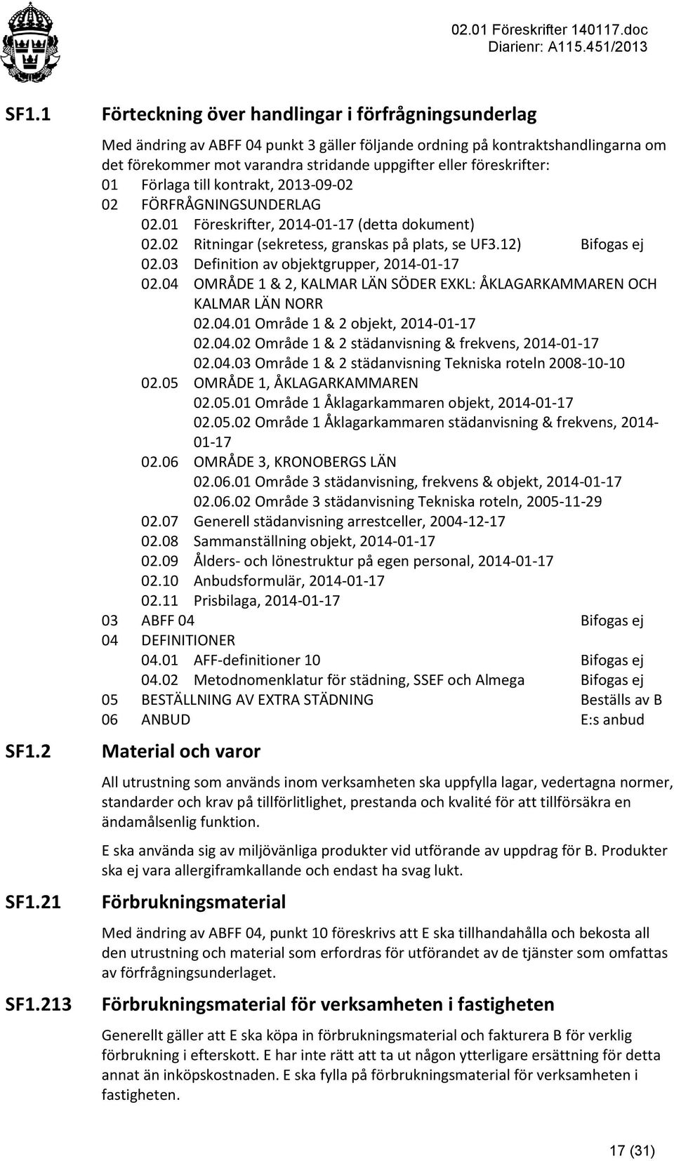 föreskrifter: 01 Förlaga till kontrakt, 2013-09-02 02 FÖRFRÅGNINGSUNDERLAG 02.01 Föreskrifter, 2014-01-17 (detta dokument) 02.02 Ritningar (sekretess, granskas på plats, se UF3.12) Bifogas ej 02.