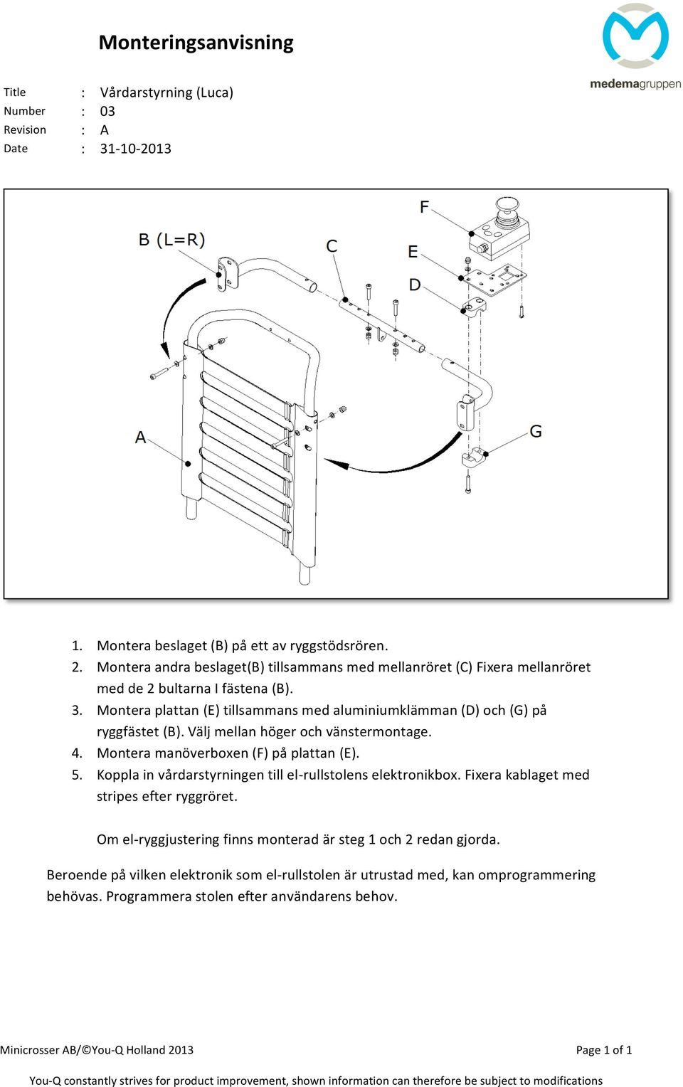 Montera plattan (E) tillsammans med aluminiumklämman (D) och (G) på ryggfästet (B). Välj mellan höger och vänstermontage. 4. Montera manöverboxen (F) på plattan (E). 5.