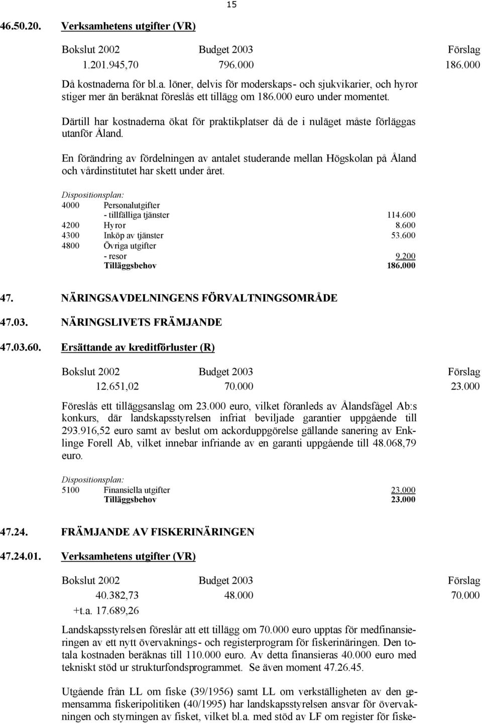 En förändring av fördelningen av antalet studerande mellan Högskolan på Åland och vårdinstitutet har skett under året. 4000 Personalutgifter - tillfälliga tjänster 114.600 4200 Hyror 8.