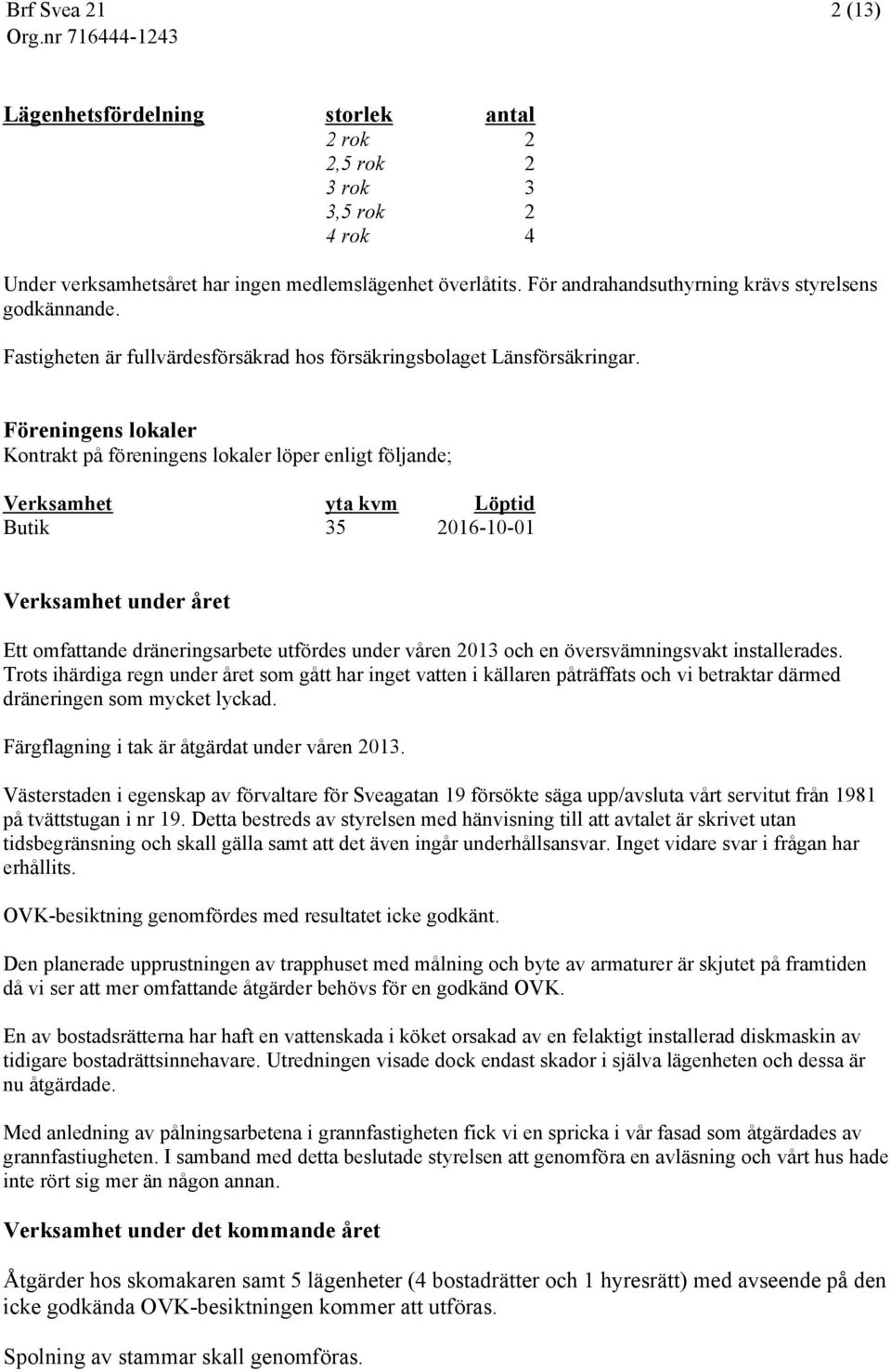 Föreningens lokaler Kontrakt på föreningens lokaler löper enligt följande; Verksamhet yta kvm Löptid Butik 35 2016-10-01 Verksamhet under året Ett omfattande dräneringsarbete utfördes under våren