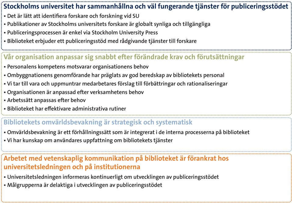 anpassar sig snabbt efter förändrade krav och förutsättningar Personalens kompetens motsvarar organisationens behov Ombyggnationens genomförande har präglats av god beredskap av bibliotekets personal