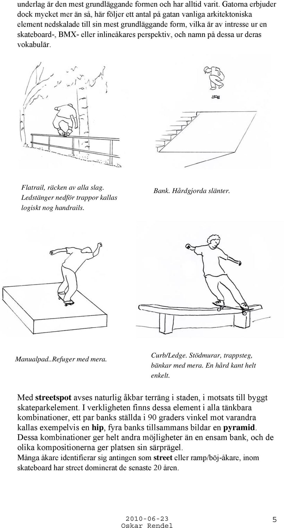 inlineåkares perspektiv, och namn på dessa ur deras vokabulär. Flatrail, räcken av alla slag. Ledstänger nedför trappor kallas logiskt nog handrails. Bank. Hårdgjorda slänter. Manualpad.