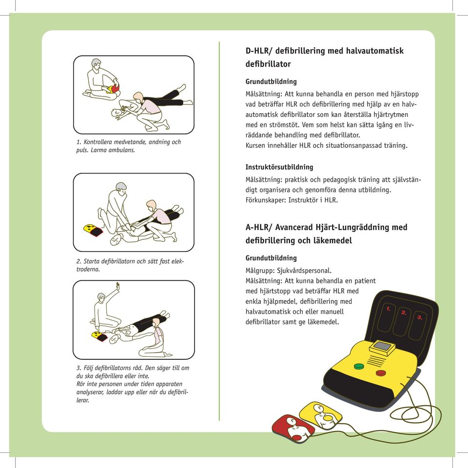 Vem som helst kan sätta igång en livräddande behandling med defibrillator. Kursen innehåller HLR och situationsanpassad träning.