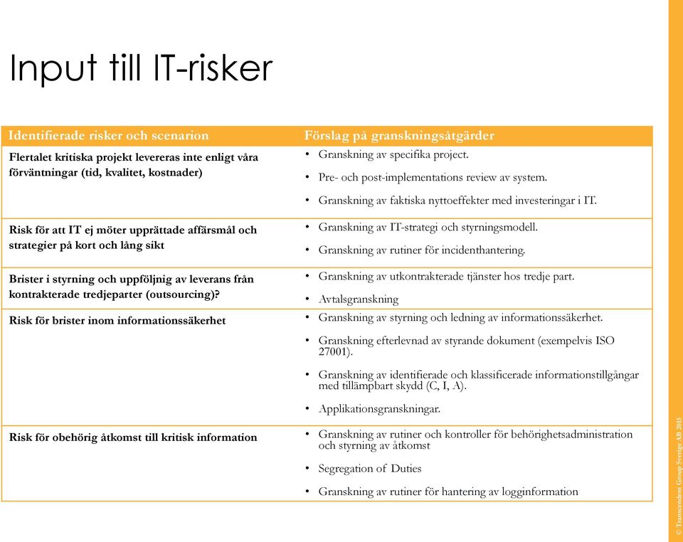 Risk för att IT ej möter upprättade affärsmål och strategier på kort och lång sikt Granskning av IT-strategi och styrningsmodell. Granskning av rutiner för incidenthantering.