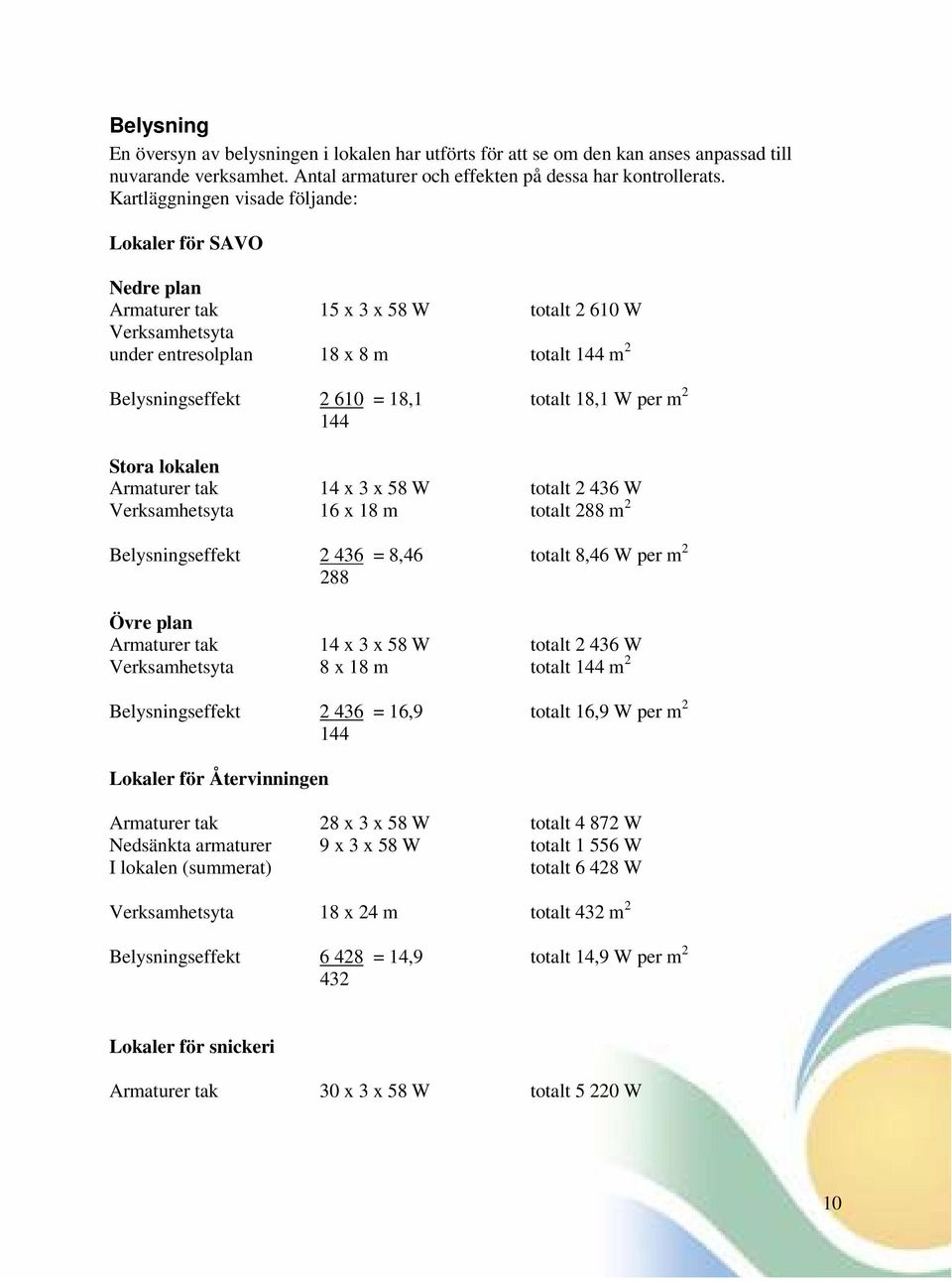 18,1 W per m 2 144 Stora lokalen Armaturer tak 14 x 3 x 58 W totalt 2 436 W Verksamhetsyta 16 x 18 m totalt 288 m 2 Belysningseffekt 2 436 = 8,46 totalt 8,46 W per m 2 288 Övre plan Armaturer tak 14
