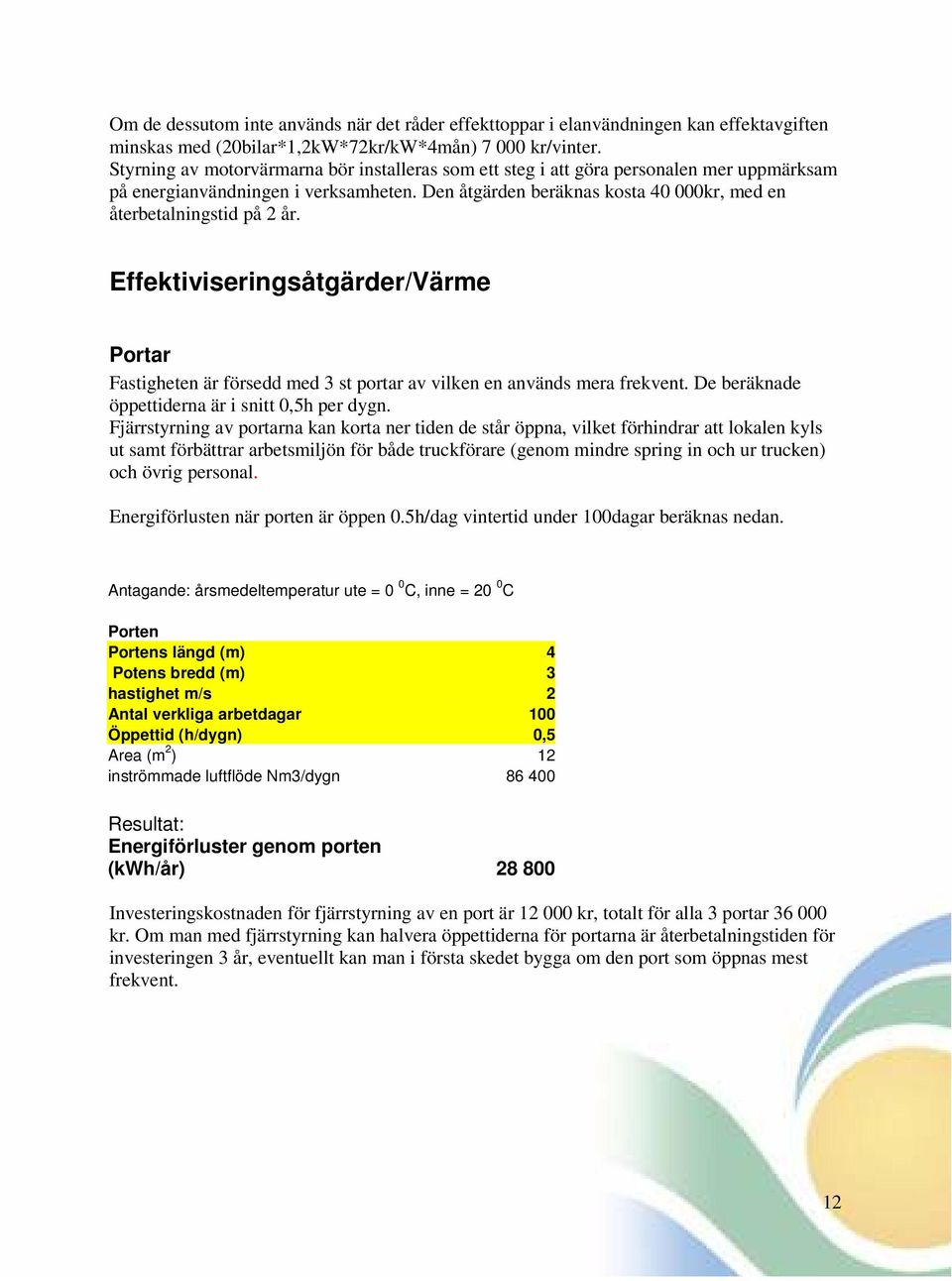 Den åtgärden beräknas kosta 40 000kr, med en återbetalningstid på 2 år. Effektiviseringsåtgärder/Värme Portar Fastigheten är försedd med 3 st portar av vilken en används mera frekvent.