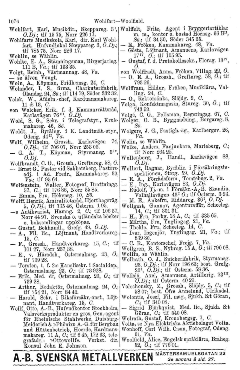 - Gösta, Löjtnant, Amanuens, Karlavägen Wohlin, se Wåhlin. 17 1v, O.; tlf 10595. Wohlte, E. A., Stämningsman, Birgerjarlsg. - Gustaf, f. d. Protokollssekr., Florag. 13 IV, 111 B, Va.; tlf 13335. Ö.
