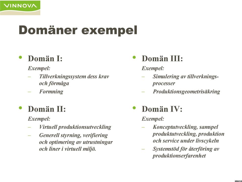 Domän III: Exempel: Simulering av tillverkningsprocesser Produktionsgeometrisäkring Domän IV: Exempel: