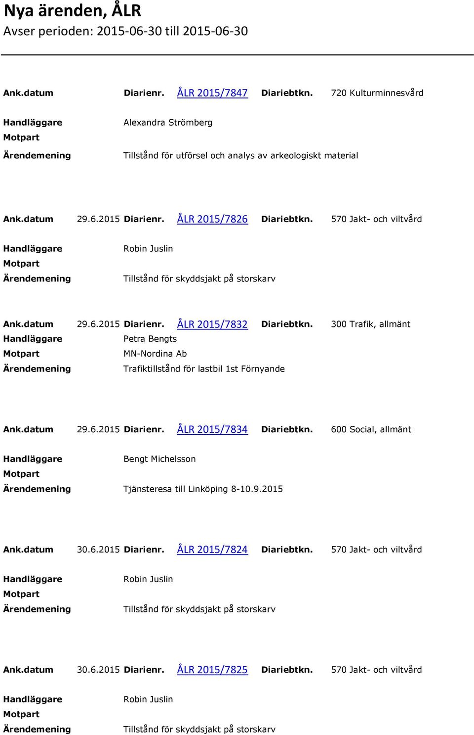 570 Jakt- och viltvård Ank.datum 29.6.2015 Diarienr. ÅLR 2015/7832 Diariebtkn. 300 Trafik, allmänt Petra Bengts MN-Nordina Ab Trafiktillstånd för lastbil 1st Förnyande Ank.