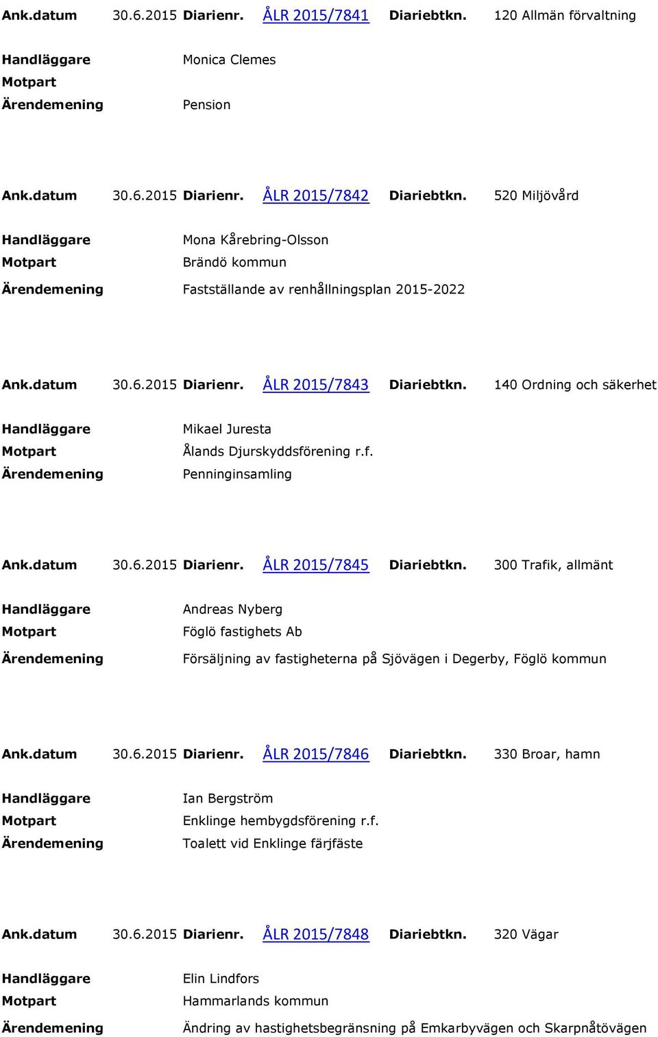 140 Ordning och säkerhet Ålands Djurskyddsförening r.f. Penninginsamling Ank.datum 30.6.2015 Diarienr. ÅLR 2015/7845 Diariebtkn.