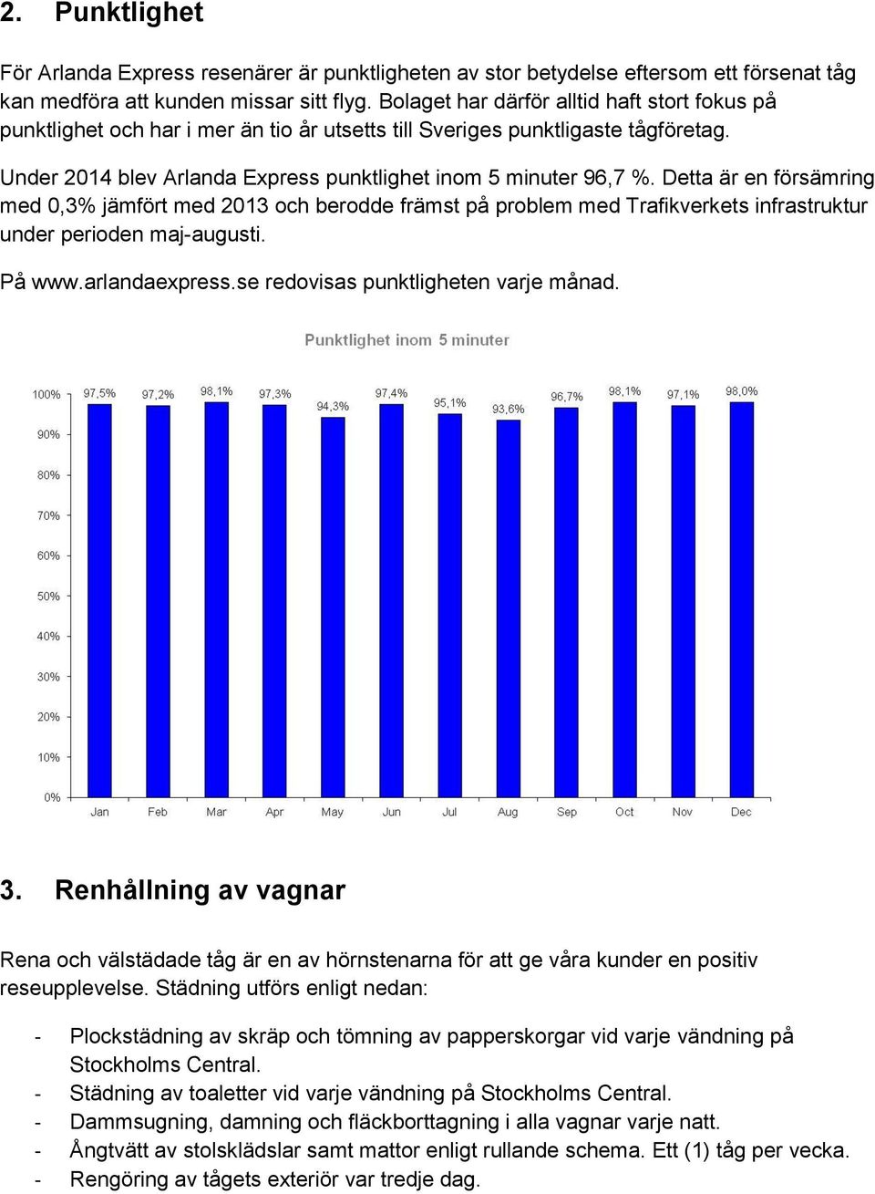 Detta är en försämring med 0,3% jämfört med 2013 och berodde främst på problem med Trafikverkets infrastruktur under perioden maj-augusti. På www.arlandaexpress.se redovisas punktligheten varje månad.