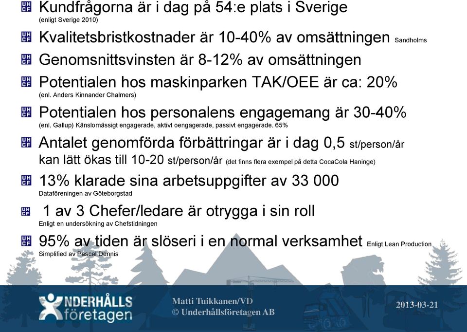 65% Antalet genomförda förbättringar är i dag 0,5 st/person/år kan lätt ökas till 10-20 st/person/år (det finns flera exempel på detta CocaCola Haninge) 13% klarade sina arbetsuppgifter av 33 000