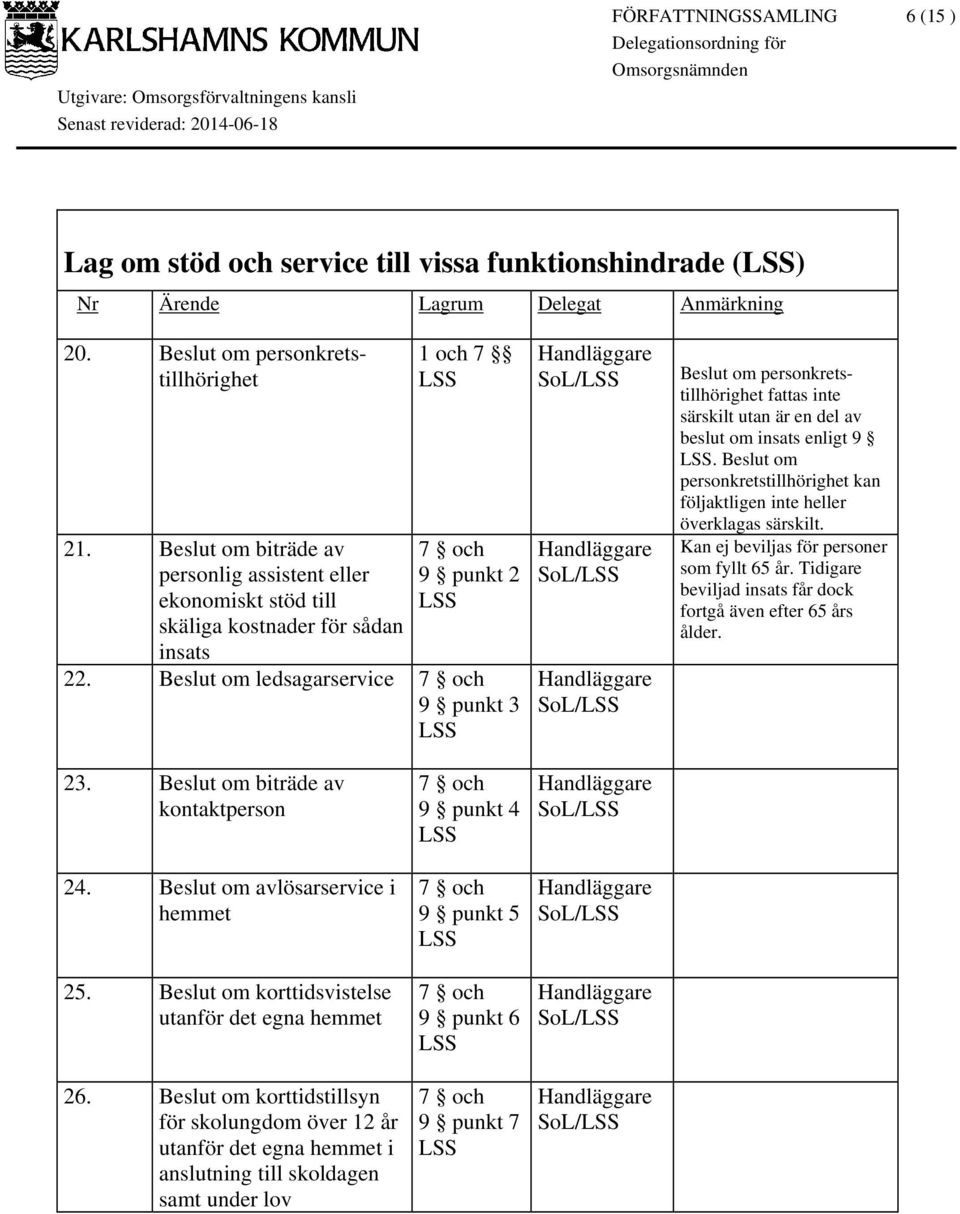 Beslut om ledsagarservice 9 punkt 3 Beslut om personkretstillhörighet fattas inte särskilt utan är en del av beslut om insats enligt 9.