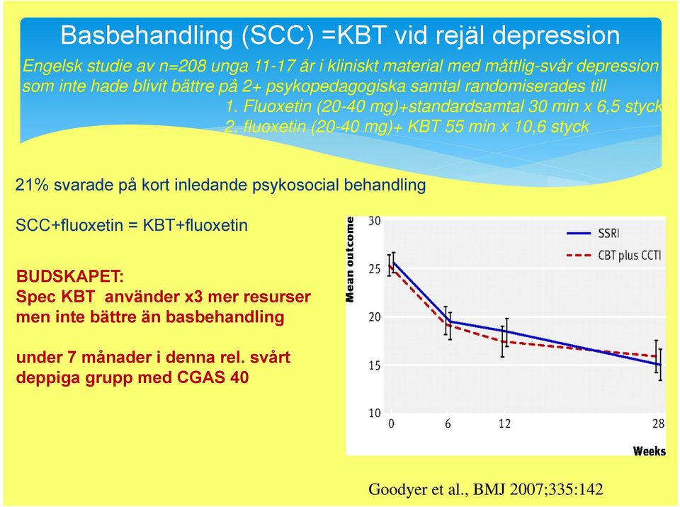 fluoxetin (20-40 mg)+ KBT 55 min x 10,6 styck 21% svarade på kort inledande psykosocial behandling SCC+fluoxetin = KBT+fluoxetin BUDSKAPET: