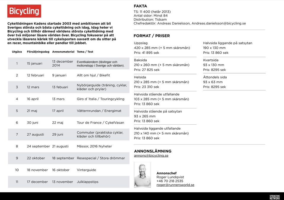 Utgåva Försäljningsdag Annonsmaterial Tema / Test TS: 11 400 (helår 2013) Antal sidor: Minst 84 Distribution: Tidsam Chefredaktör: Andreas Danielsson, Andreas.danielsson@bicycling.
