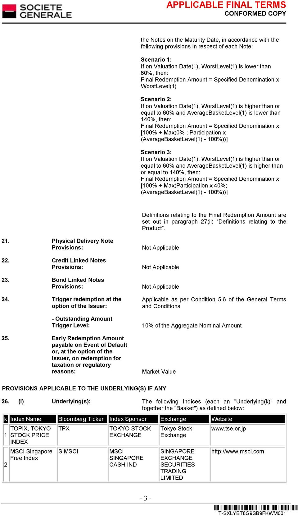 Amount = Specified Denomination x [100% + Max(0% ; Participation x (AverageBasketLevel(1) - 100%))] Scenario 3: If on Valuation Date(1), WorstLevel(1) is higher than or equal to 60% and
