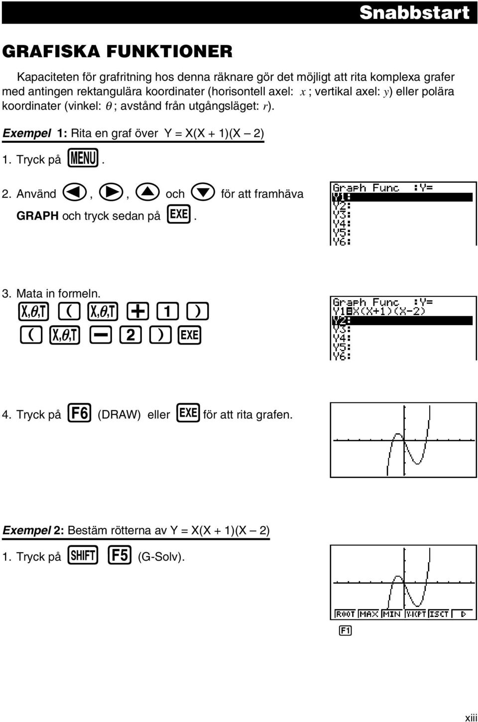 Exempel 1: Rita en graf över Y = X(X + 1)(X 2) 1. Tryck på m. 2. Använd d, e, f och c för att framhäva GRAPH och tryck sedan på w. 3.