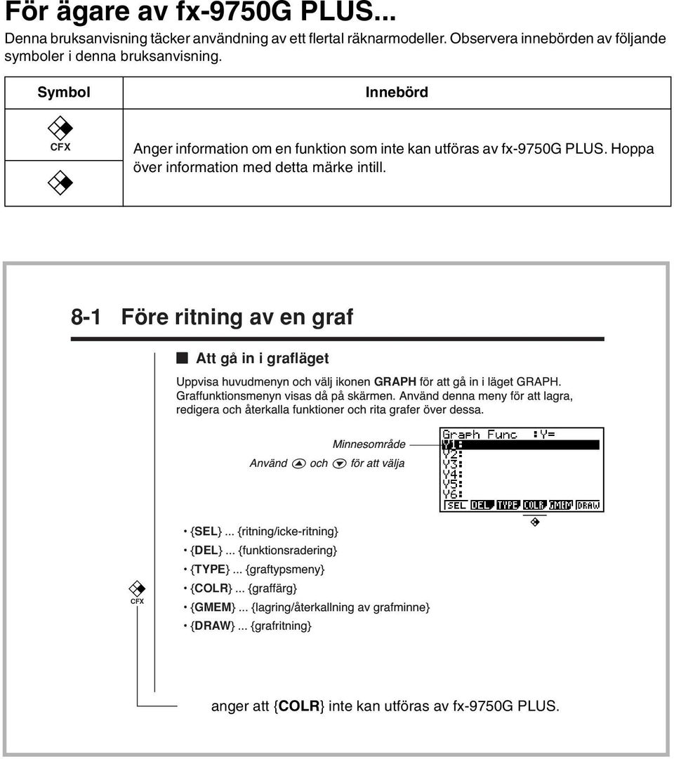 8-1 Före ritning av en graf k Att gå in i grafläget Uppvisa huvudmenyn och všljikonen GRAPH fšr att gœ in i lšget GRAPH. Graffunktionsmenyn visas dœ pœ skšrmen.