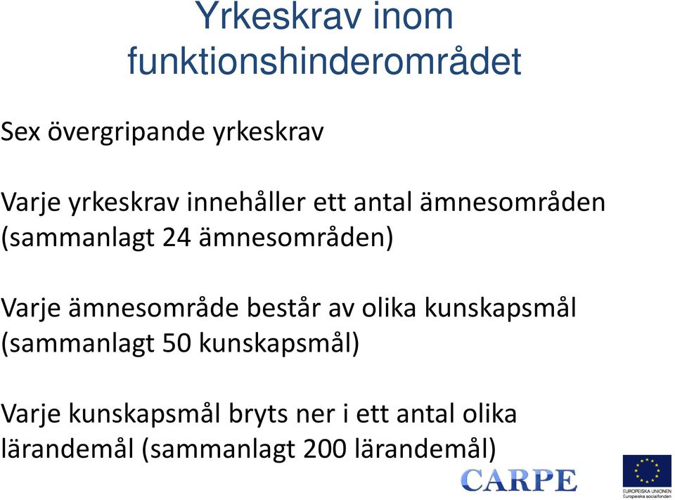 Varje ämnesområde består av olika kunskapsmål (sammanlagt 50 kunskapsmål)