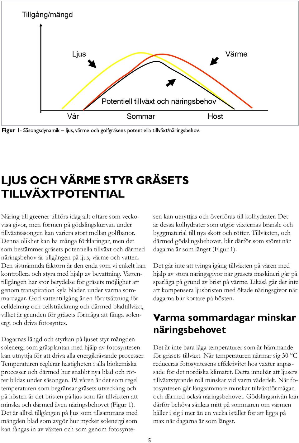 golfbanor. Denna olikhet kan ha många förklaringar, men det som bestämmer gräsets potentiella tillväxt och därmed näringsbehov är tillgången på ljus, värme och vatten.