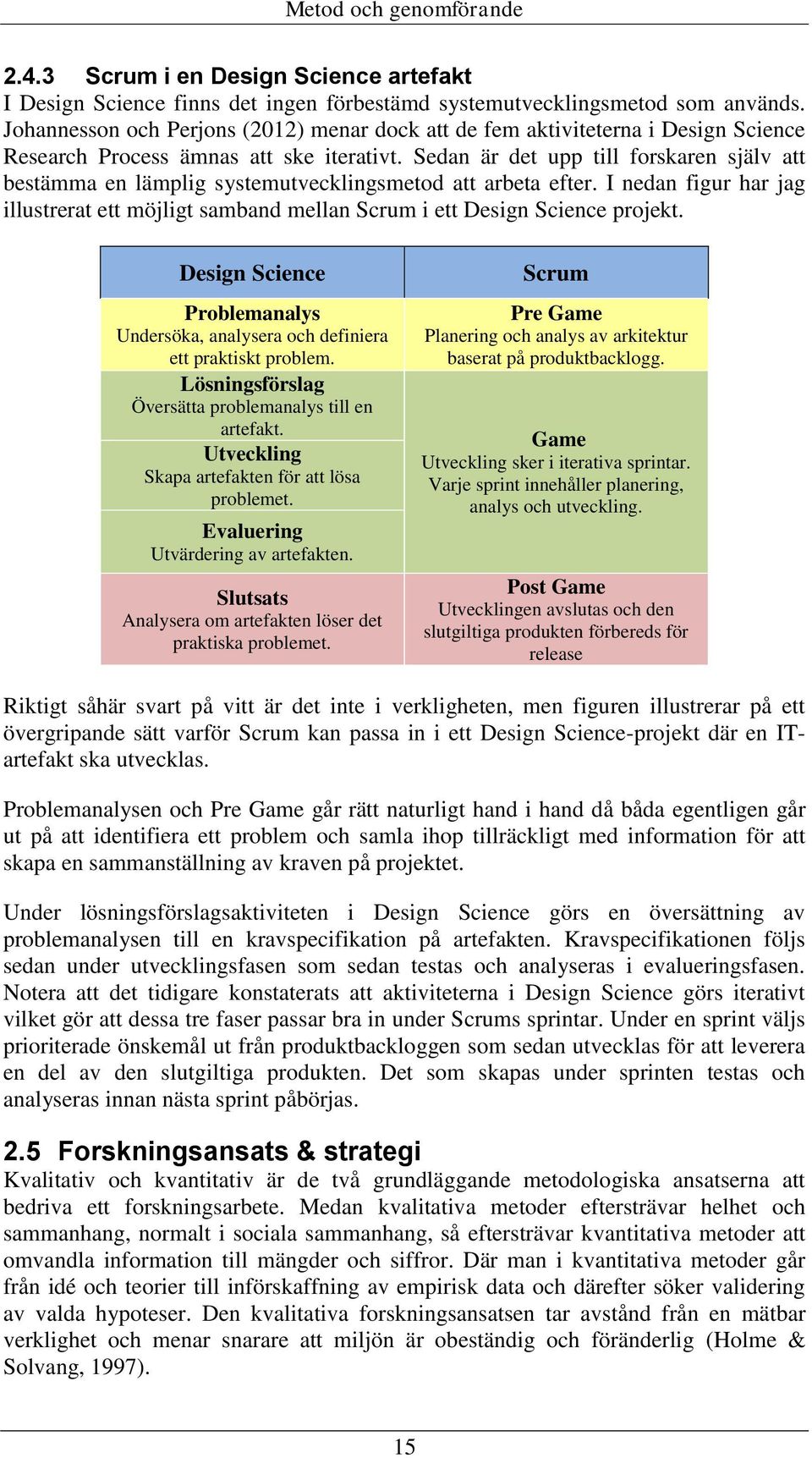Sedan är det upp till forskaren själv att bestämma en lämplig systemutvecklingsmetod att arbeta efter. I nedan figur har jag illustrerat ett möjligt samband mellan Scrum i ett Design Science projekt.